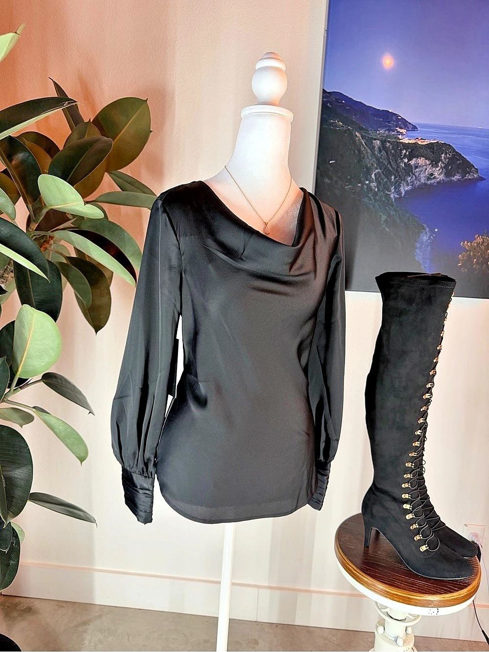 Black Long Sleeve Cowl Neck Blouse Like New